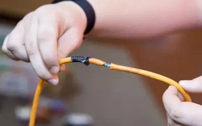 Dłonie trzymają przerwany pomarańczowy kabel, pokazując, jak połączyć przerwany kabel.