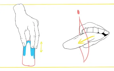 Dłoń trzymająca przedmiot, obok usta z językiem. Ilustracja pokazuje techniki seksu bez penetracji.