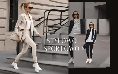 Kobiety w stylizacjach athleisure: elegancki beżowy garnitur i sportowy czarno-biały komplet.
