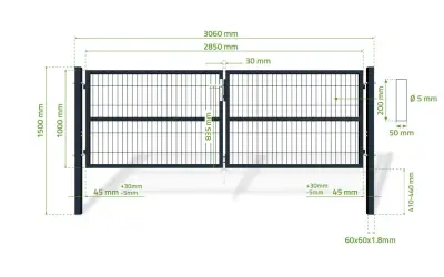 Dwuskrzydłowa brama wjazdowa o szerokości 2850 mm, wysokości 1500 mm, z elementami o grubości 5 mm.