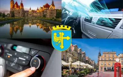 Kolaż: zamek, wnętrze samochodu z klimatyzacją, panel sterowania klimatyzacją, rynek w Opolu.