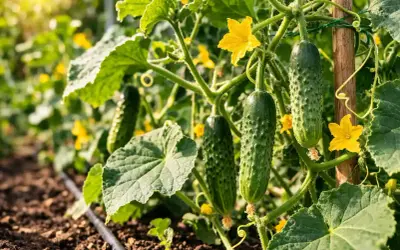 Cetrioli maturi pendono da una pianta rigogliosa, con fiori gialli e foglie verdi. Una guida visiva su come coltivare i cetrioli.