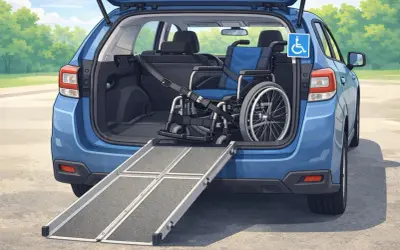 Auto blu con bagagliaio aperto e rampa per caricare una sedia a rotelle. Simbolo disabili sul retro.