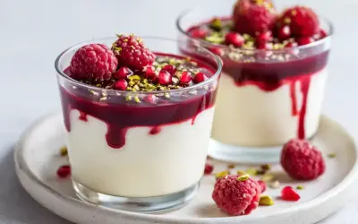 Två glas med krämig dessert, toppad med hallon, granatäppelkärnor och pistagenötter. Ett perfekt recept för en festlig avslutning.