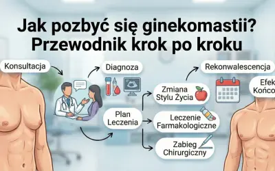 Ilustracja przedstawia proces leczenia ginekomastii: od konsultacji i diagnozy, przez zmianę stylu życia, leczenie farmakologiczne lub zabieg chirurgiczny, aż po rekonwalescencję i efekt końcowy.