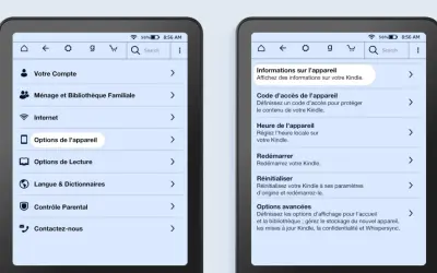Paramètres du format lecture Kindle : options de l'appareil, heure, redémarrage, réinitialisation et options avancées.