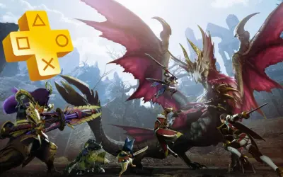 Gry co miesiąc PS Plus: bohaterowie walczą z potężnym smokiem w fantastycznym świecie.