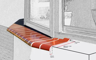 Zewnętrzny parapet powinien wystawać 3-5 cm poza ścianę, tworząc kapinos odprowadzający wodę.