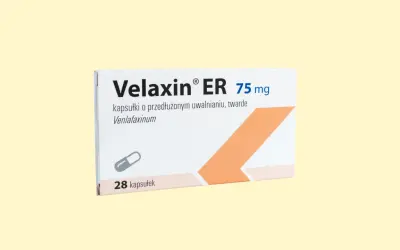 Opakowanie leku Velaxin ER 75 mg, kapsułki o przedłużonym uwalnianiu. Zawiera 28 kapsułek.