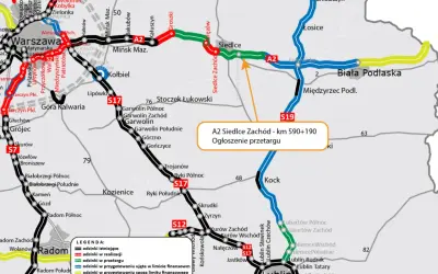 Mapa drogowa z zaznaczoną autostradą A2. Widoczny odcinek A2 Siedlce Zachód - km 590+190 z ogłoszeniem przetargu.