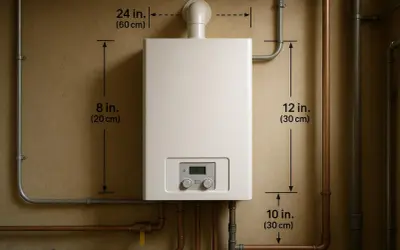 Biały piec gazowy 24kW, z wymiarami, idealny do ogrzewania domu.