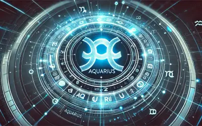 Cyfrowa tarcza z symbolami zodiaku i napisem AQUARIUS. Wodnik w ascendencie, otoczony kosmiczną energią.