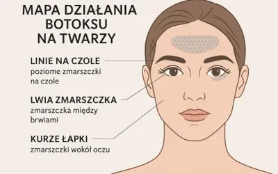 Mapa działania botoksu na twarzy: miejsca wstrzyknięć na czoło, lwia zmarszczka i kurze łapki.
