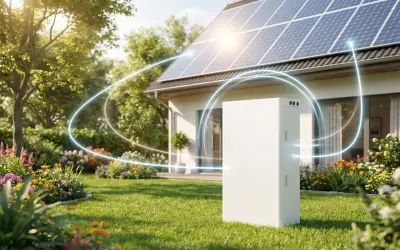 Biały magazyn energii stoi na trawniku przed domem z panelami słonecznymi na dachu.