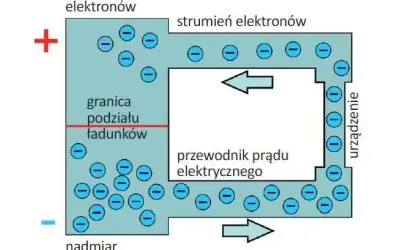 Schemat obwodu elektrycznego z przepływem elektronów. Napięcie jako siła napędowa.