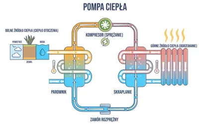 Schemat działania pompy ciepła, pokazujący różne rodzaje dolnych źródeł ciepła (powietrze, woda, ziemia) i proces ogrzewania.