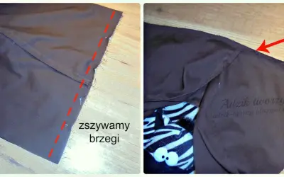 Szycie poduszki DIY. Brązowy materiał, czerwona linia wskazuje szew. W środku widać pluszową zebrę.