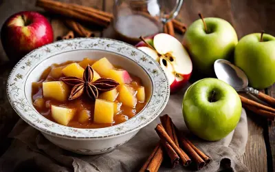 Délicieuse compote pommes mirabelles, garnie d'une étoile de badiane, entourée de pommes fraîches et de bâtons de cannelle sur fond de bois.