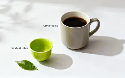 En kopp kaffe och en liten grön kopp med sencha. Jämförelse av te smaker och koffeinhalt.