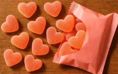 Dulces en forma de corazón, con un delicioso sabor a corazon de melocoton, esparcidos sobre una mesa de madera y saliendo de un paquete rosa.