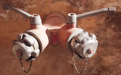 Czerwony hydrant podziemny z dwoma metalowymi zaworami i łańcuszkami, gotowy do akcji.
