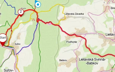 Mapa szlaku turystycznego w Słowacji, prowadzącego przez tereny skalne. Start w Jablonové, meta w Lietavie.