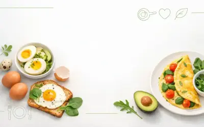 Idealne dietetyczne śniadanie: jajka na twardo, jajko sadzone na grzance, omlet z pomidorkami i awokado.