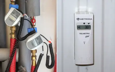 Dwa podzielniki ciepła na rurach grzewczych i jeden na grzejniku pokazują, jak działa podzielnik ciepła, mierząc zużycie energii.