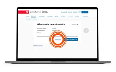 Jak sprawdzić numer do sanatorium z NFZ? Na ekranie laptopa widać szczegóły skierowania do uzdrowiska na portalu pacjent.gov.pl.