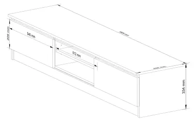 Rysunek techniczny szafki RTV. Wymiary: 1604x400x334 mm. Wysokość szafki RTV to 334 mm.