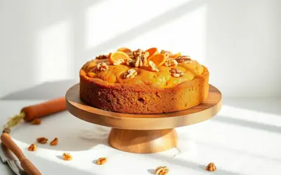Pyszne ciasto bez glutenu, udekorowane pomarańczą i orzechami, prezentuje się apetycznie na drewnianej podstawie. Obok leży marchewka.