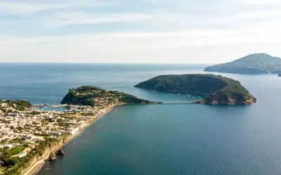 Panoramica di un'isoletta tra Napoli e Ischia, con un borgo costiero, un porto turistico e un ponte che collega a un'altra isola verdeggiante.
