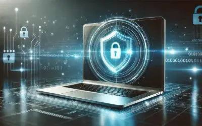 Laptop z tarczą i kłódką symbolizującą bezpieczeństwo. W tle cyfrowy świat z kodem binarnym i ikonami zamków, sugerujący skanowanie antywirusowe.