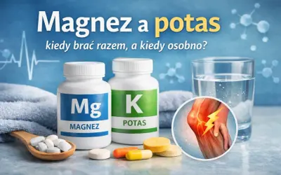 Magnez i potas w tabletkach, obok szklanki wody i symbolu bólu stawu. Dowiedz się, kiedy warto je brać razem.