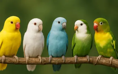 Cinque inseparabili colorati, giallo, bianco, azzurro, verde e giallo-verde, siedono su un ramo.