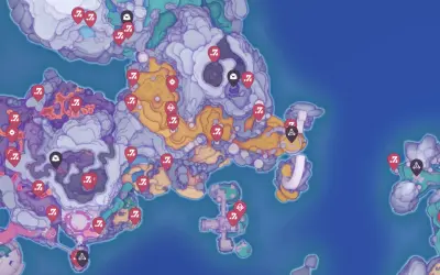 Mapa Slime Rancher 2 z zaznaczonymi lokacjami. Czerwone pinezki wskazują miejsca do odkrycia, a czarne z ikonami to specjalne punkty.