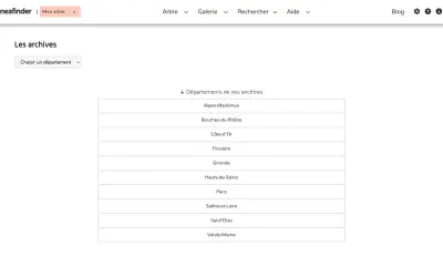Page d'accueil de Geneafinder pour explorer les archives en ligne. Une liste de départements français est affichée pour rechercher des ancêtres.