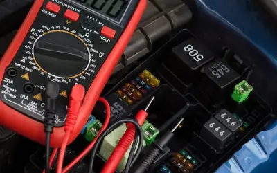A multimeter is used to test a car's fuse box and relays.