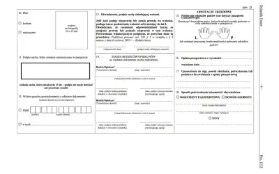 Formularz wniosku o paszport dla dziecka, z polami do wypełnienia danych osobowych, zgody rodziców i informacji urzędowych.
