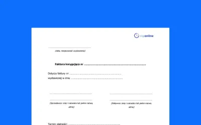 Formularz faktury korygującej z polami do wypełnienia: numer faktury, dane sprzedawcy i nabywcy.