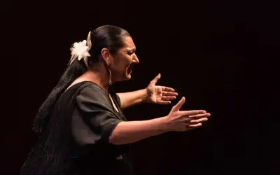 Una mujer flamenca, con un clavel en el pelo, baila con pasión, sus manos abiertas expresan el alma del flamenco.