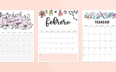 Tres diseños de calendarios para el **calendari febrer**, con decoraciones florales y el nombre del mes en grande.