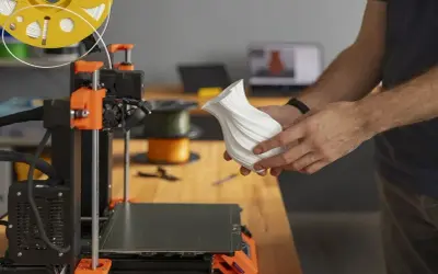 Ręce trzymają biały, falisty wazon wydrukowany na drukarce 3D. Plik dxf posłużył do stworzenia tego unikatowego przedmiotu.