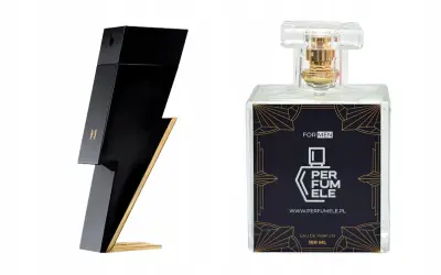 Czarny flakon perfum w kształcie pioruna Carolina Herrera obok prostokątnej butelki z etykietą Perfumele.