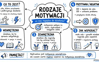 Rodzaje motywacji: wewnętrzna (pasja, rozwój) i zewnętrzna (nagroda, presja). Wewnętrzna jest trwalsza, ale zewnętrzna też wspiera.