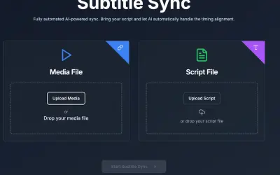 AI-powered Subtitle Sync interface. Upload media and script files to fix subtitles out of sync.