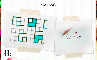 Dwie kartki z siatką: na jednej kolorowanka z literami, na drugiej szkic słowa "szewc" (gra).