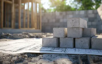 Stos bloczków gazobetonu na planach budowy domu. Wybór materiału: gazobeton czy pustak ceramiczny?