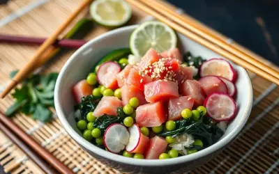 Un délicieux poke bowl avec du thon cru, des petits pois, des radis, des algues et du riz. Une recette fraîche et colorée.