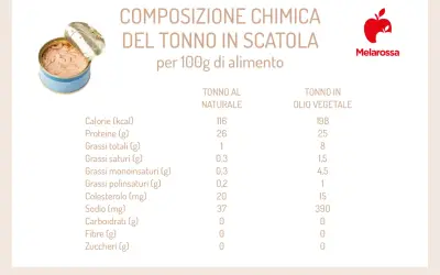 Composizione chimica del tonno in scatola: il tonno in scatola, soprattutto quello sott'olio, presenta un elevato contenuto di grassi e sodio.